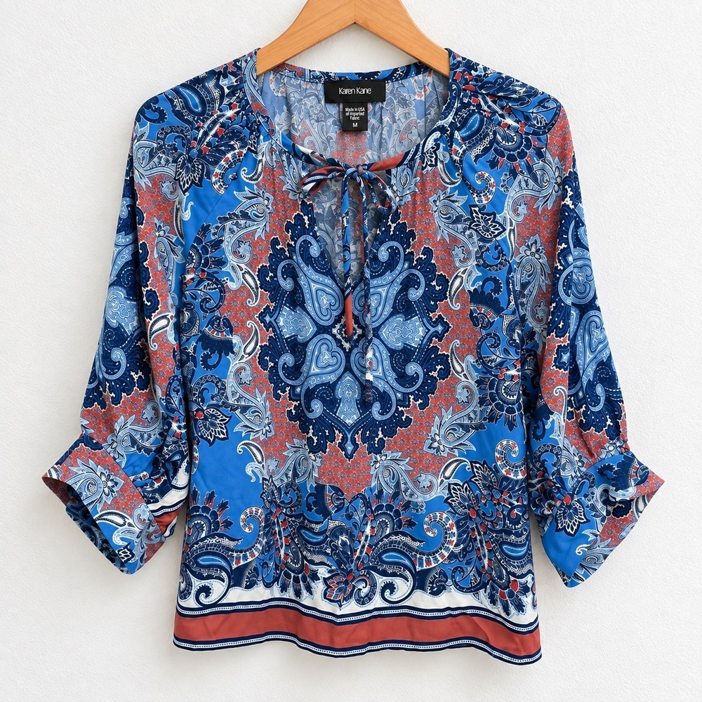 Karen Kane Womens Blue Red Paisley Tie Neck Blouse Top Boho 3/4 Sleeve Medium